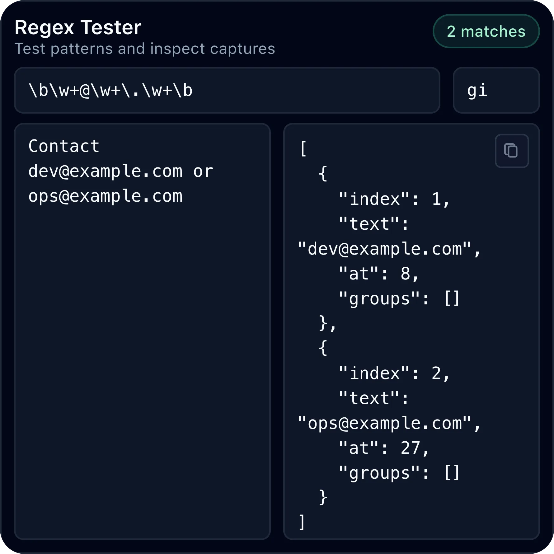 Kepo Regex Tester widget showing pattern input, flags, sample text, and match output