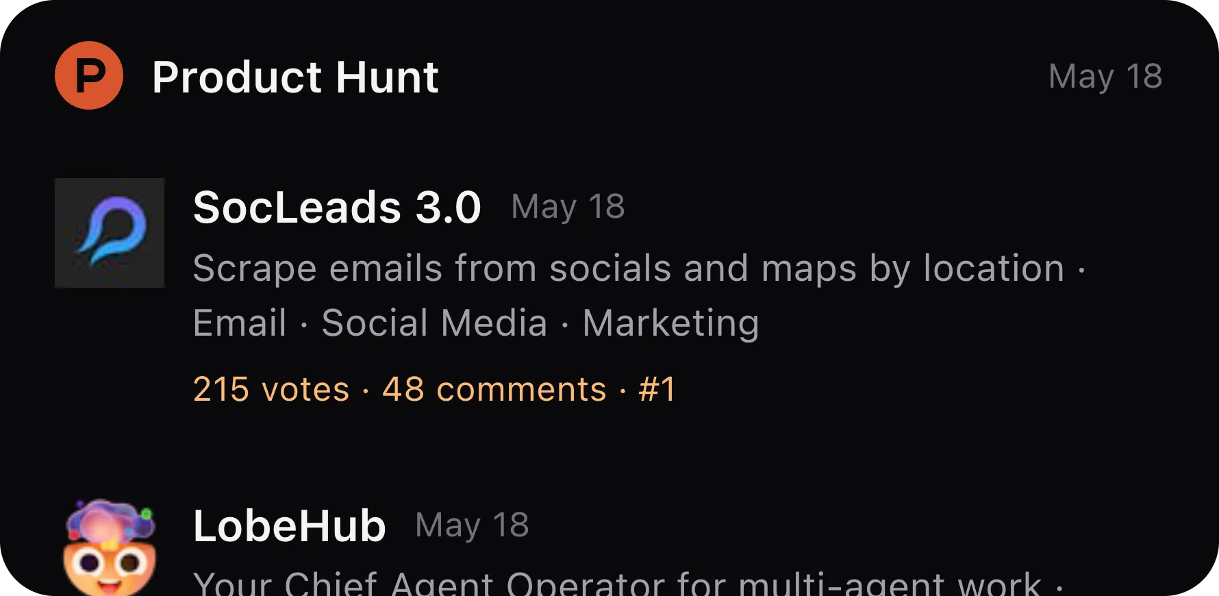 Kepo Product Hunt Feed wide widget preview