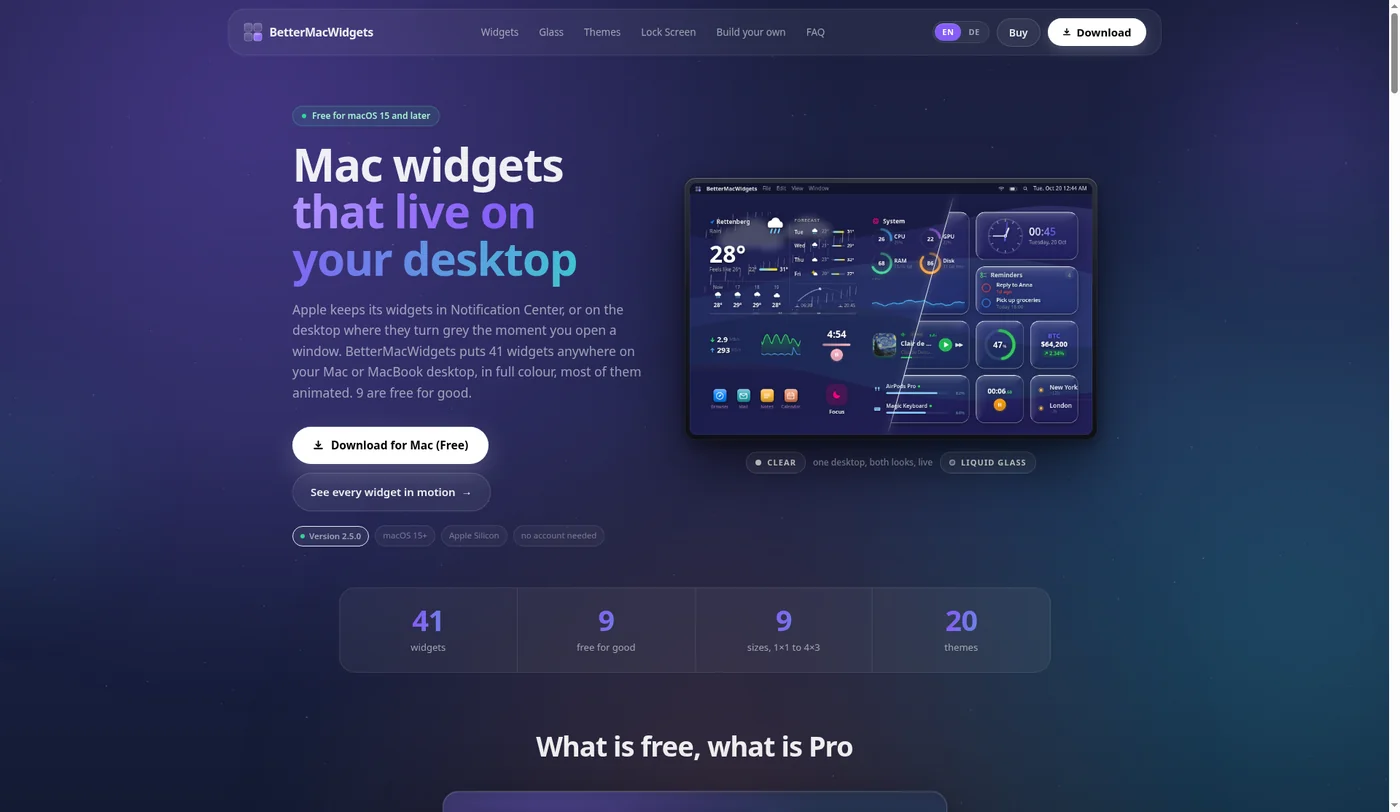 Screenshot of the BetterMacWidgets website: the heading Mac widgets that live on your desktop, chips for version 2.5.0, macOS 15+ and Apple Silicon, and a desktop full of widgets