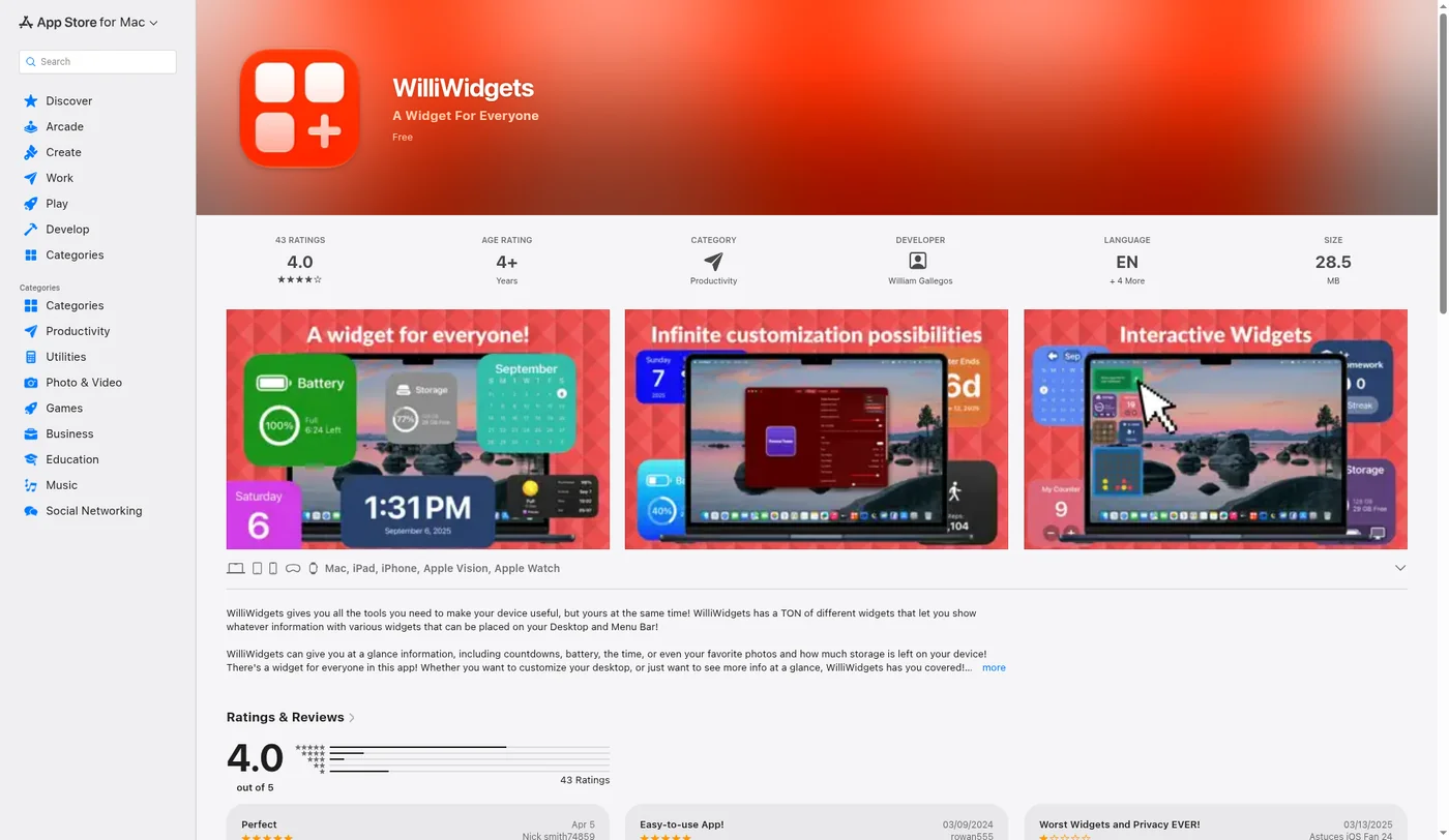 Screenshot of the WilliWidgets Mac App Store listing with its widget screenshots