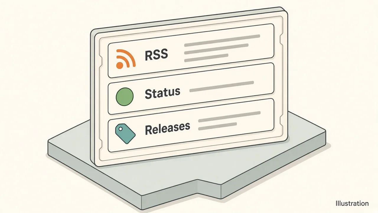 Illustration of a shortcut panel with three live-source widget cards titled RSS, Status and Releases