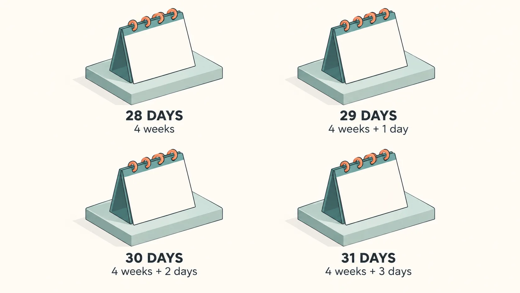 Four month lengths: 28 days equals 4 weeks; 29 days equals 4 weeks plus 1 day; 30 days equals 4 weeks plus 2 days; 31 days equals 4 weeks plus 3 days.