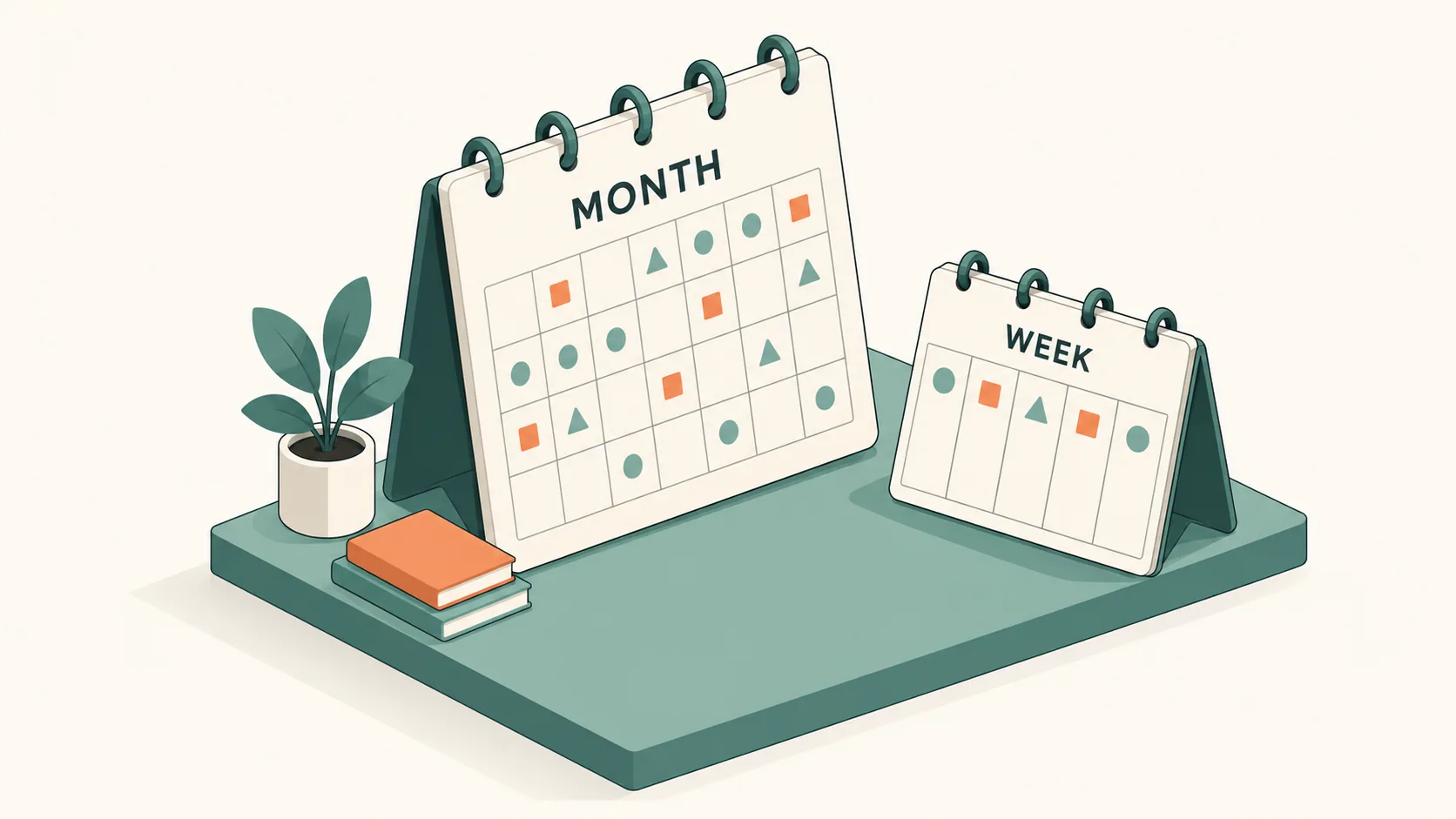 An isometric calendar marked MONTH beside a smaller planner marked WEEK.