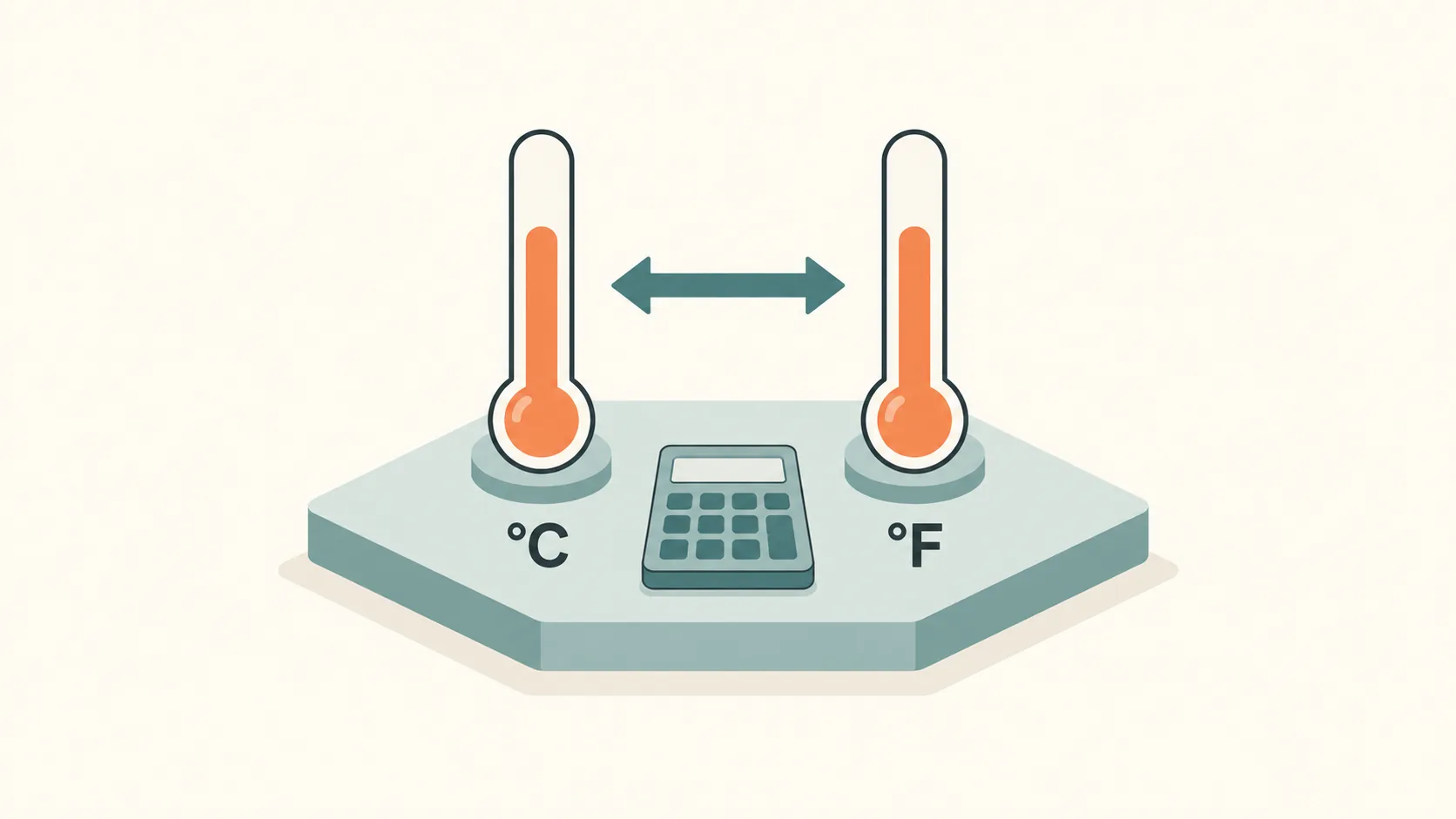 Celsius and Fahrenheit thermometer symbols connected by a double-headed arrow, with a calculator on an isometric platform.