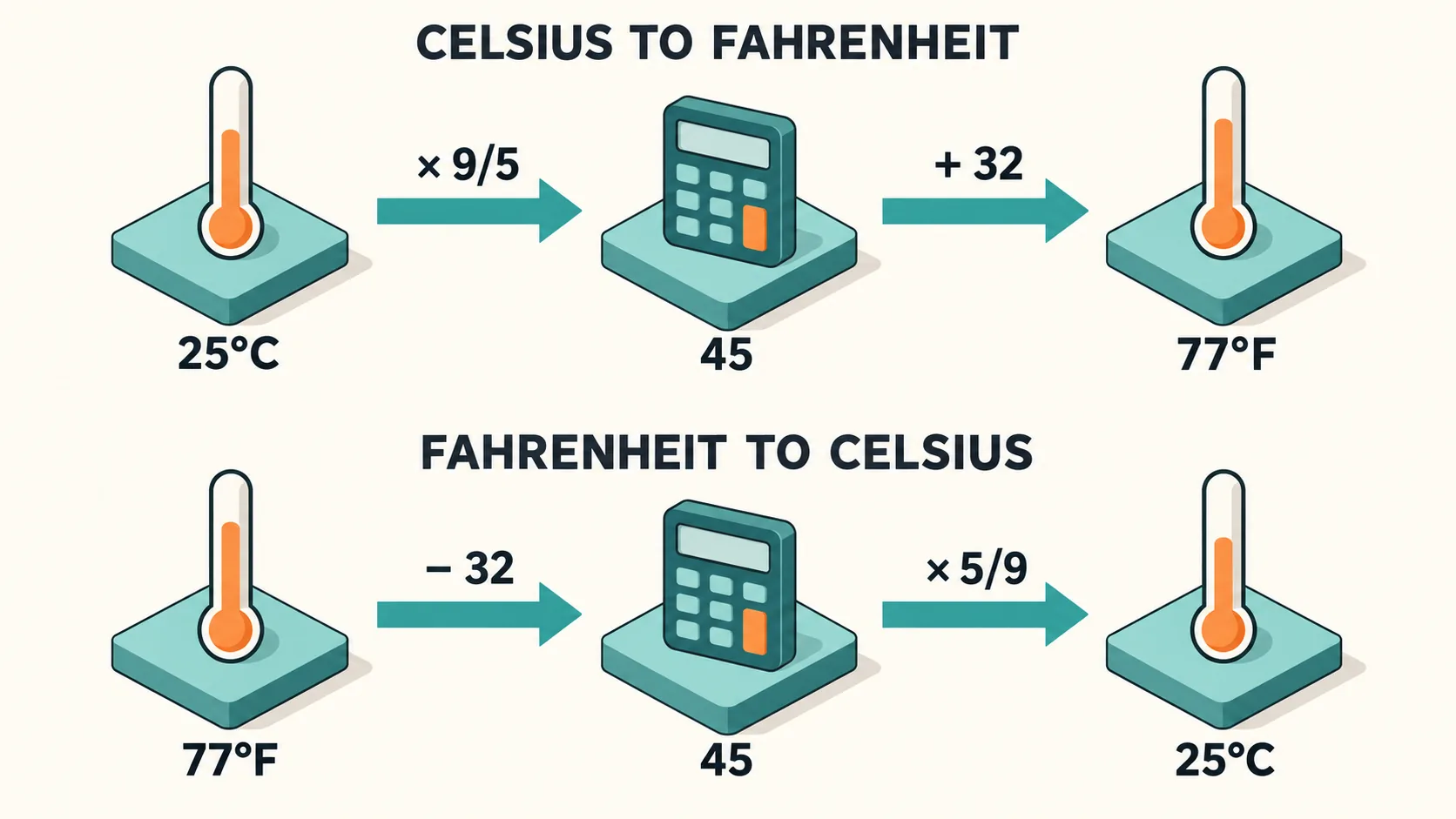 Two conversion flows: 25°C multiplied by 9/5 gives 45, then adding 32 gives 77°F; 77°F minus 32 gives 45, then multiplying by 5/9 gives 25°C.