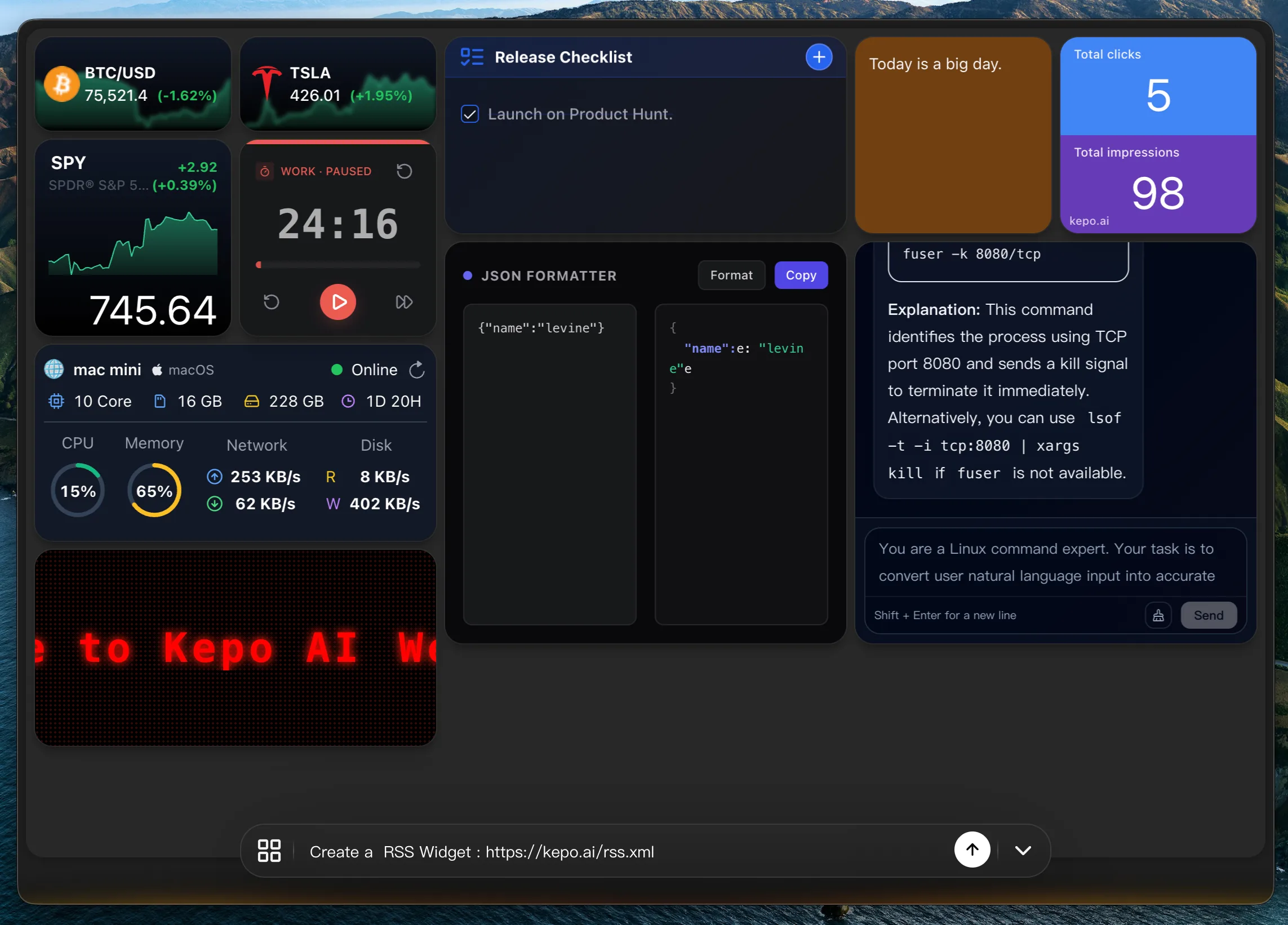 Kepo AI widget builder prompt