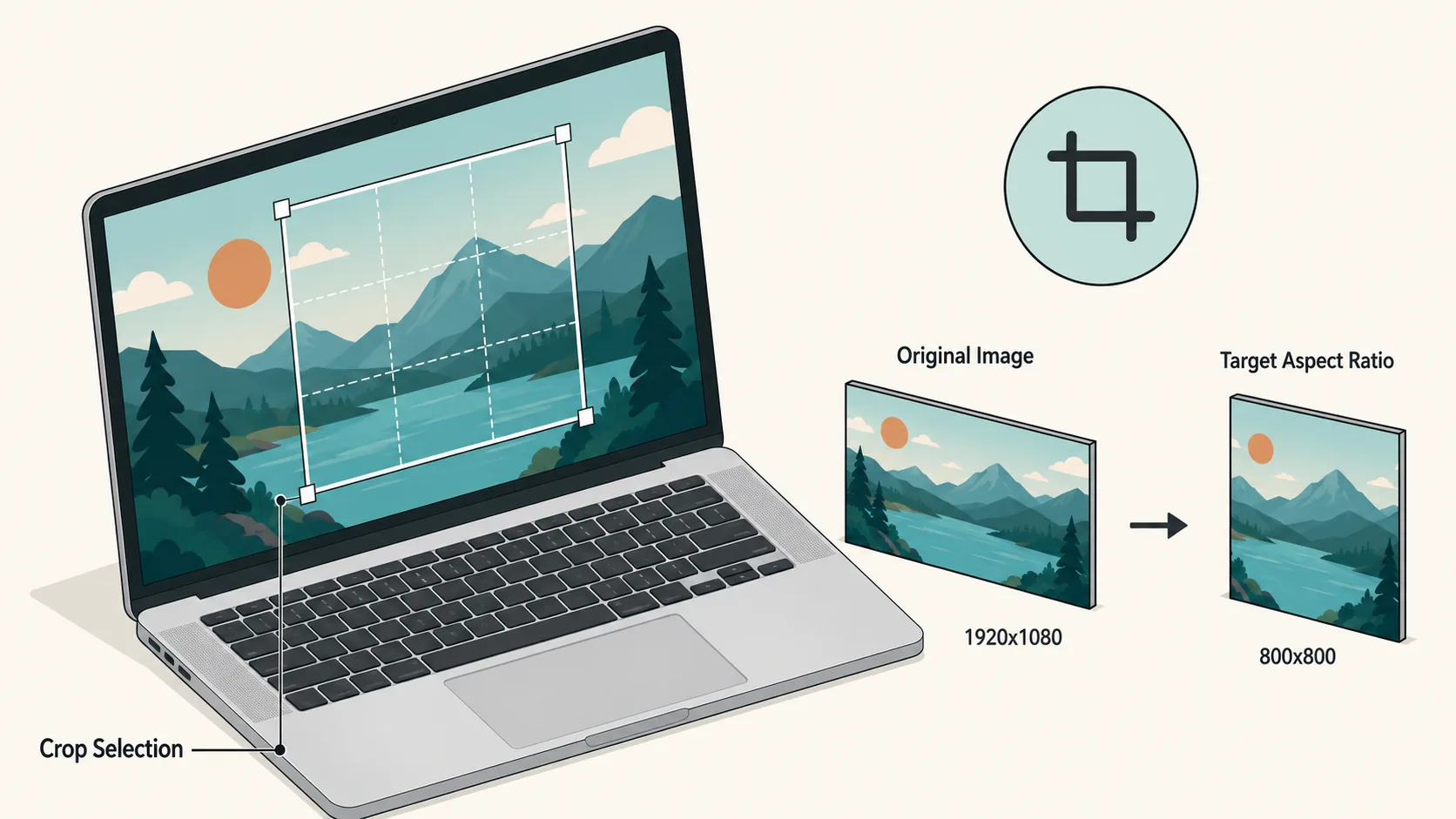 Mac laptop demonstrating rectangular image cropping with aspect ratio guide