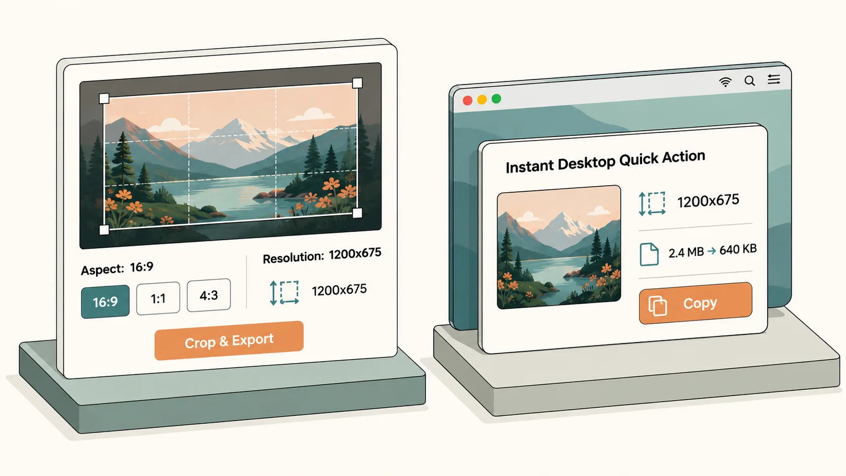 Web image cropping card alongside an instant Mac desktop image quick action widget