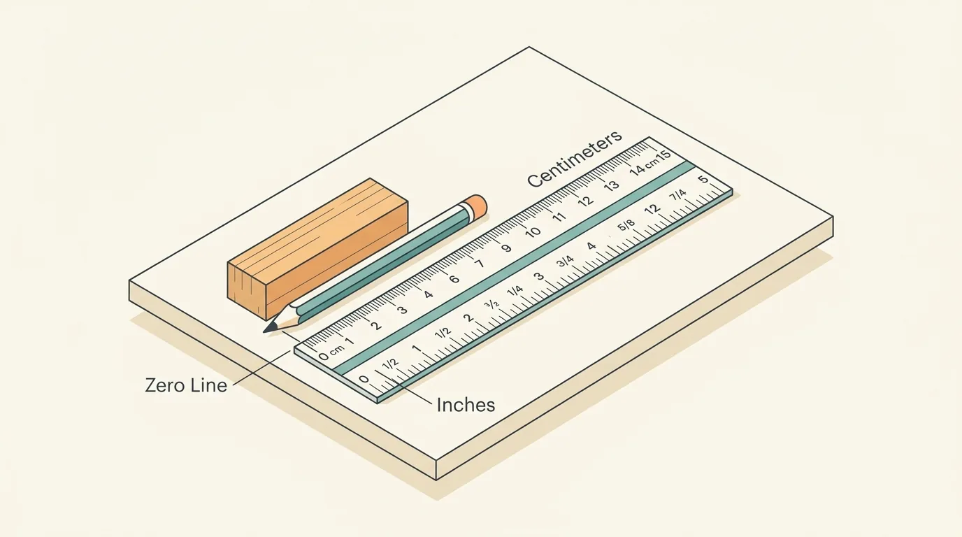 Isometric schematic diagram of an architect dual-scale desk ruler showing inch fractions and metric millimeters with true zero alignment.