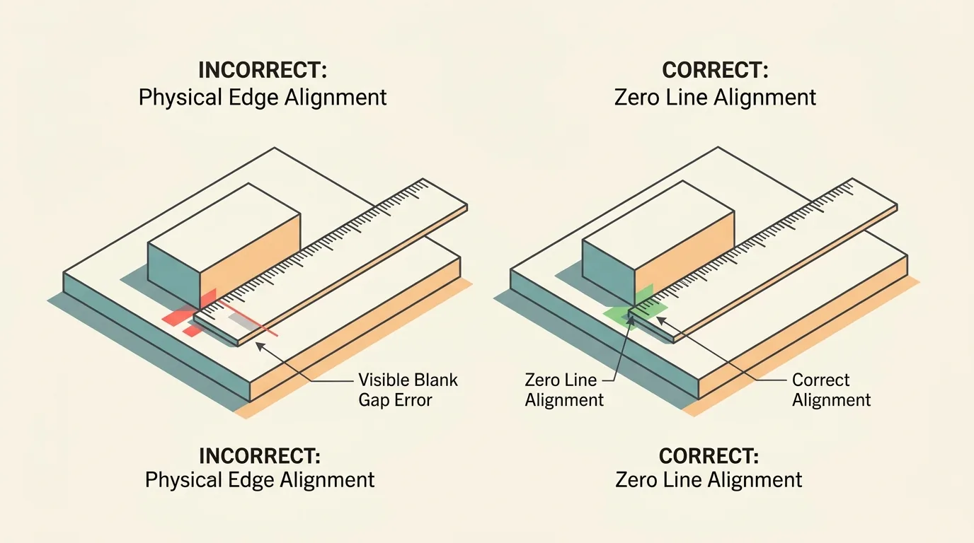 Visual comparison showing the incorrect method of aligning to the physical plastic edge vs the correct method of aligning to the printed 0 mark.