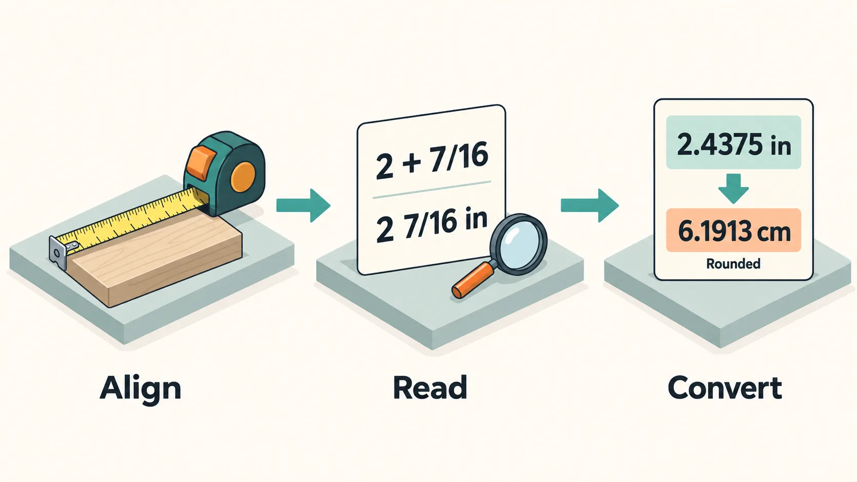Three illustrated stages: align a tape, read 2 7/16 inches, and convert 2.4375 inches to approximately 6.1913 centimeters.