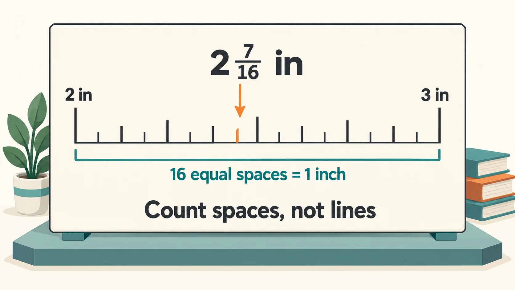 An enlarged inch from 2 to 3, divided into sixteen spaces, with the seventh position highlighted one space before the midpoint.