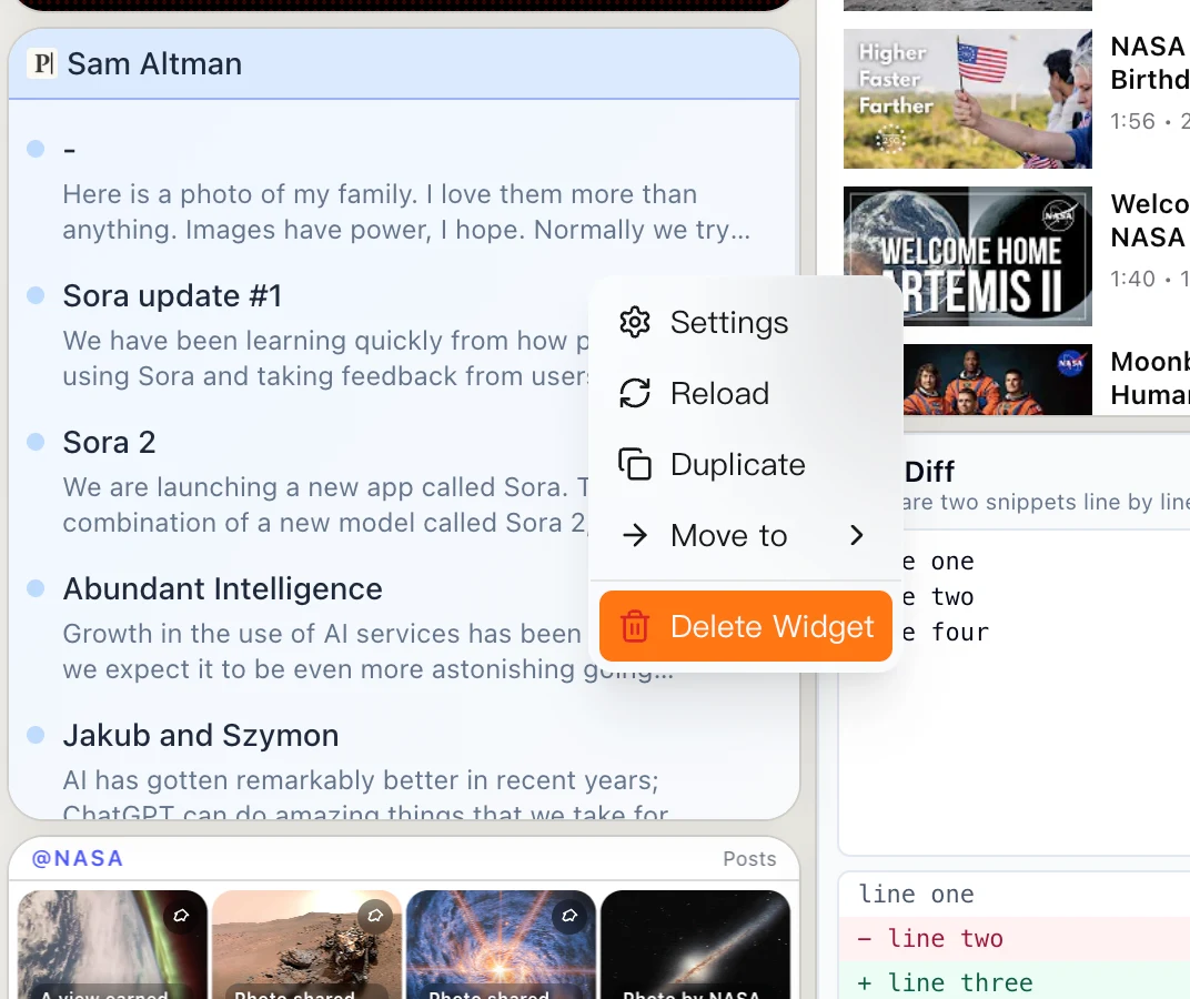 Kepo panel with a widget selected for removal