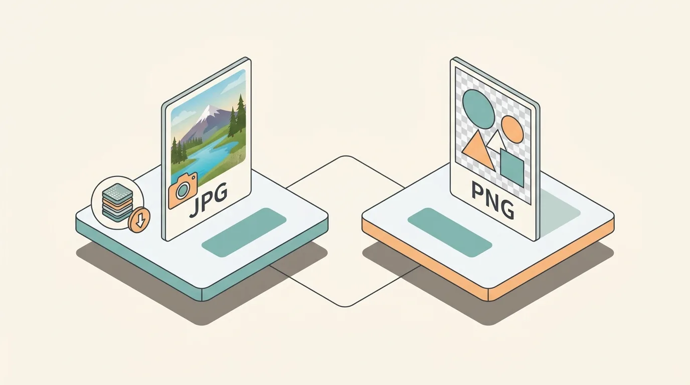 Isometric vector comparison between a colorful JPG photo card and a transparent PNG vector card.