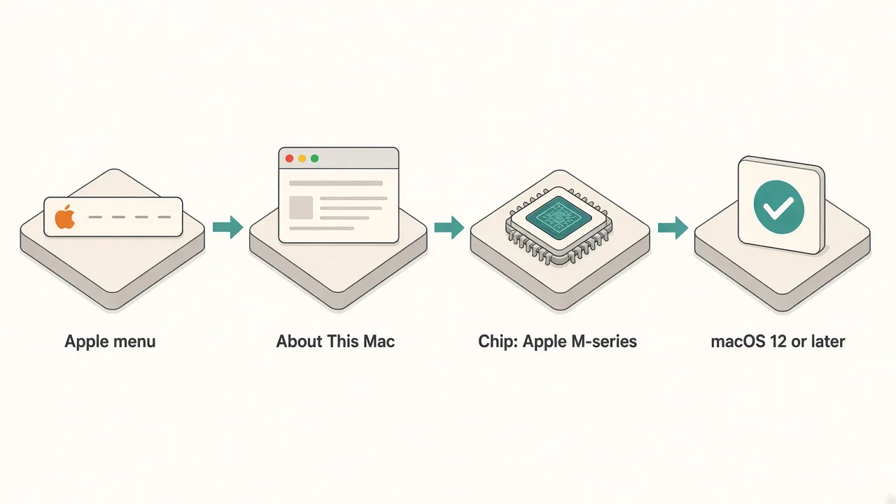 Four steps: Apple menu, About This Mac, Chip shows Apple M-series, macOS 12 or later