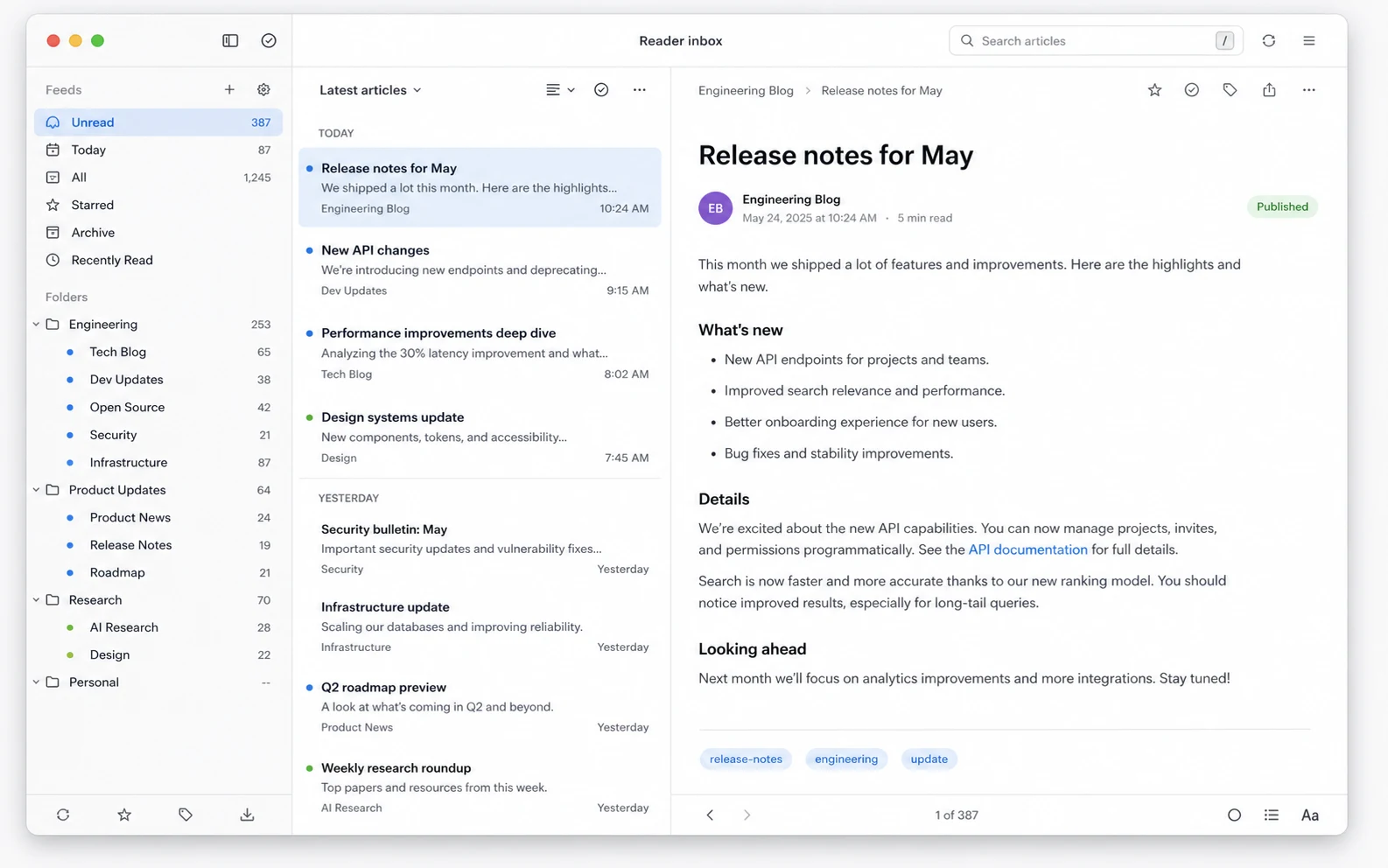 RSS reader interface with feed list and article list