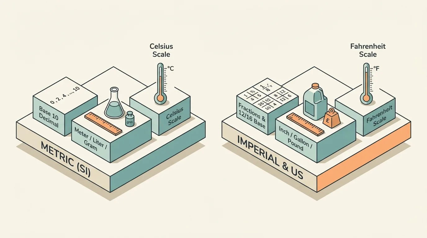 Side-by-side comparison diagram showing Metric SI decimal features versus Imperial and US Customary traditional units.