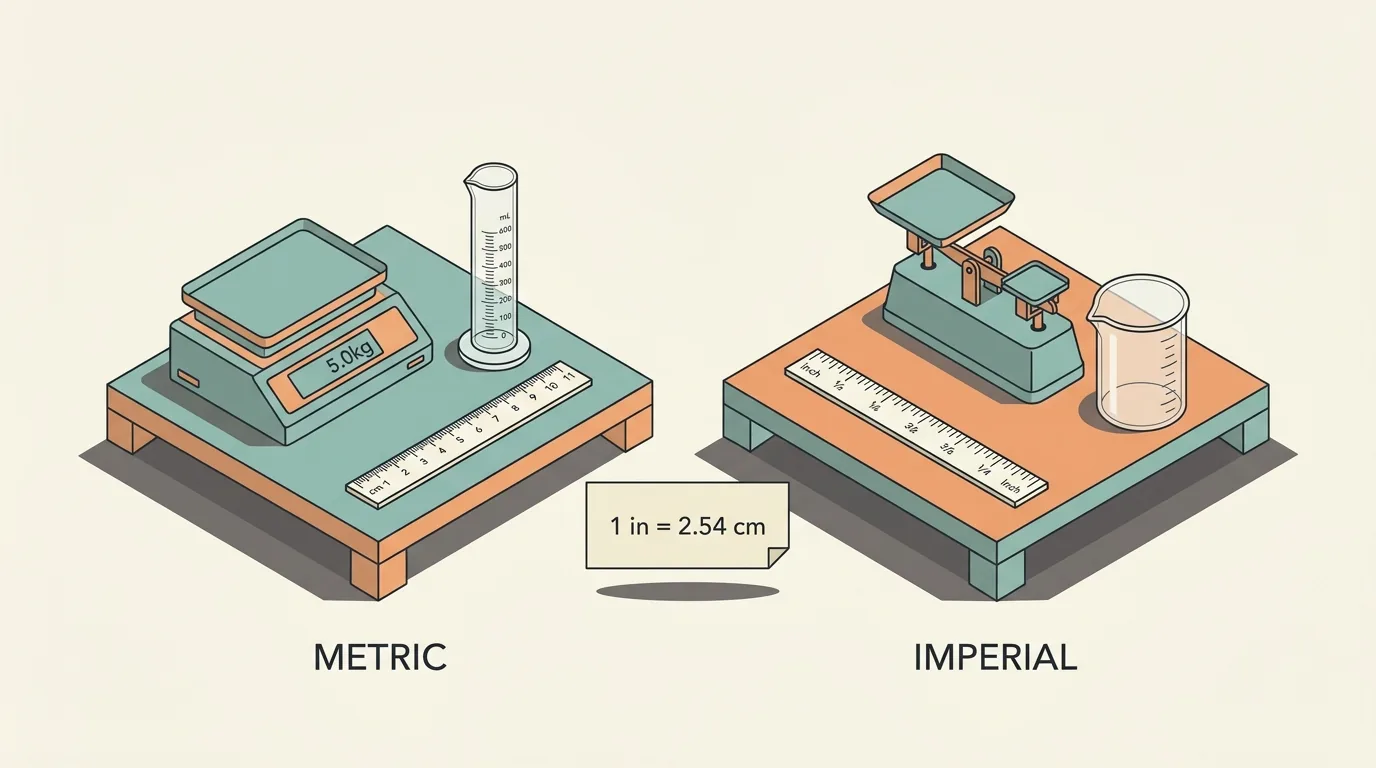 Isometric vector comparison between a metric laboratory balance and an imperial scale with conversion card.