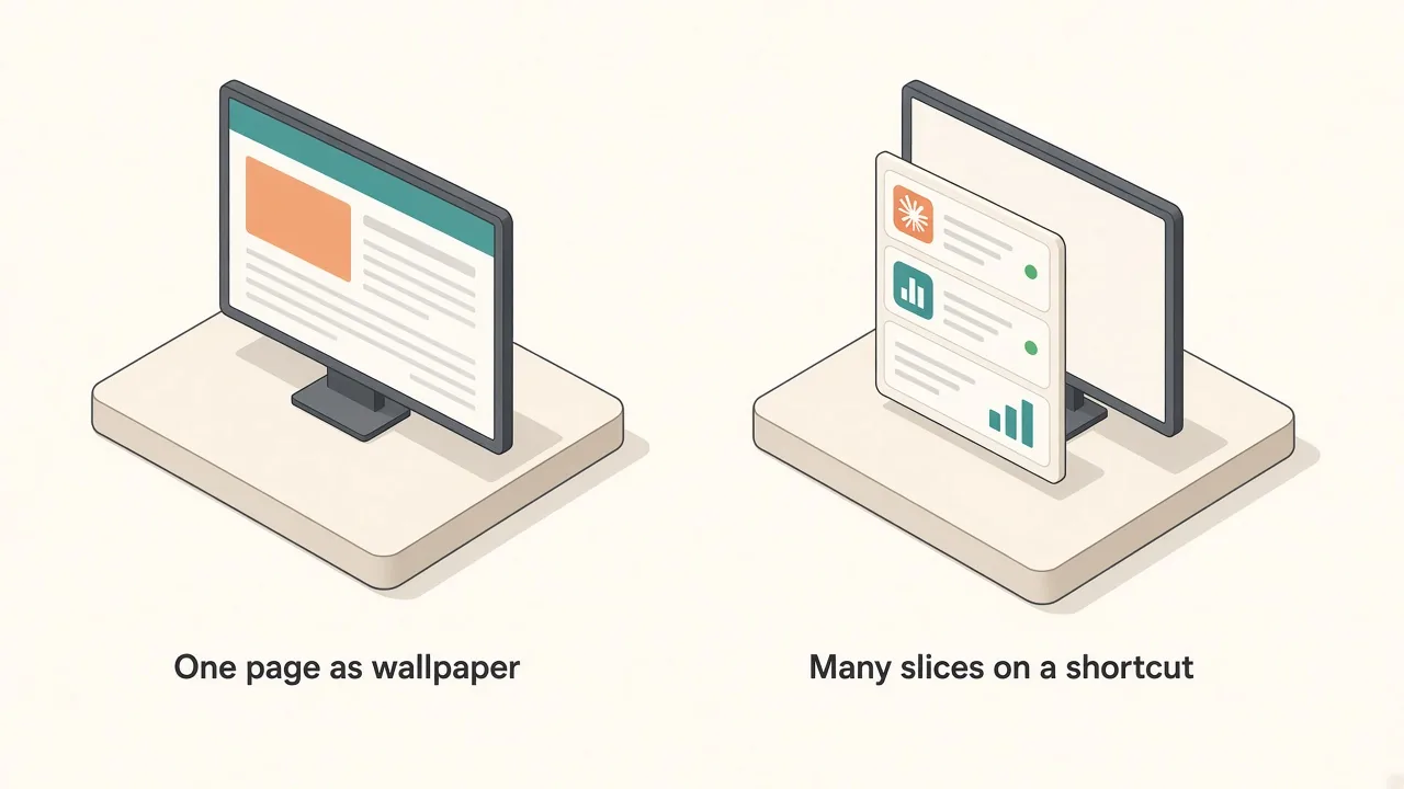 Comparison of one full web page used as wallpaper versus many small web slices in a panel opened with a shortcut
