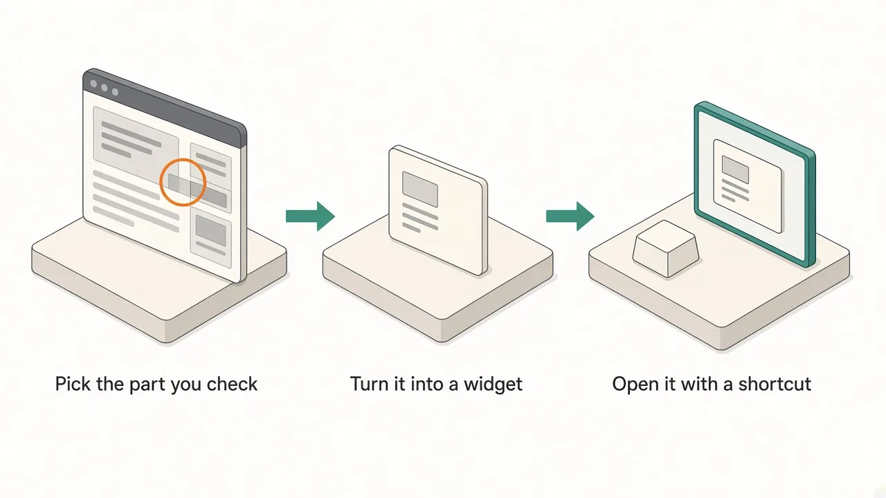 Three steps: pick the part of a page you check, turn it into a widget, open it with a shortcut