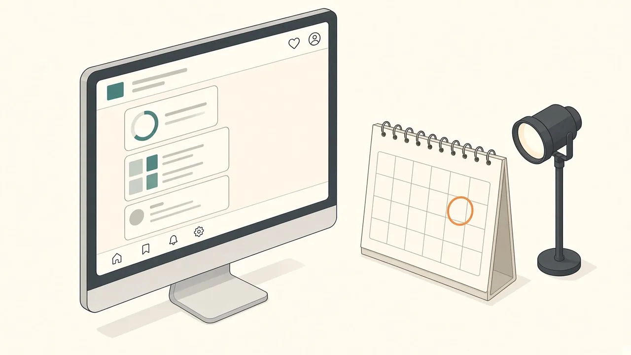 Isometric illustration of a Mac monitor with a floating panel of three widgets: a countdown ring, a news feed list and a social post card, next to a desk calendar with one day circled