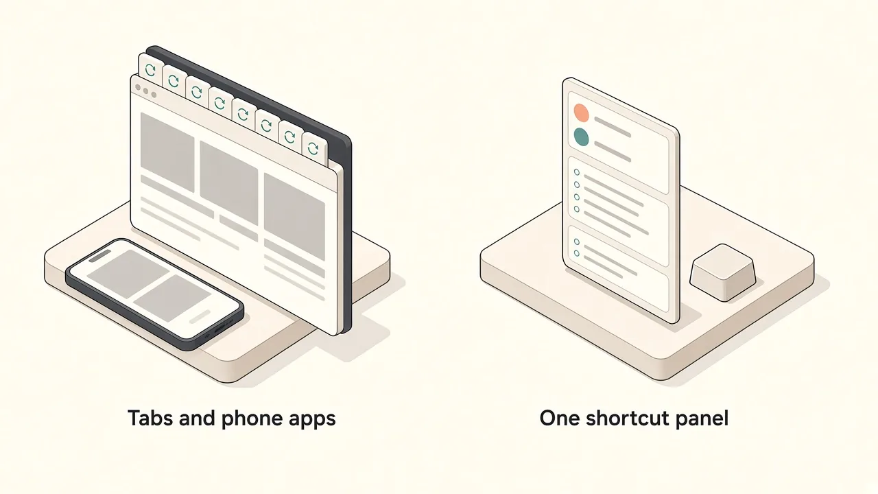 Comparison of a crowded browser with many score tabs and a phone app versus a single floating panel of small widgets opened with a key