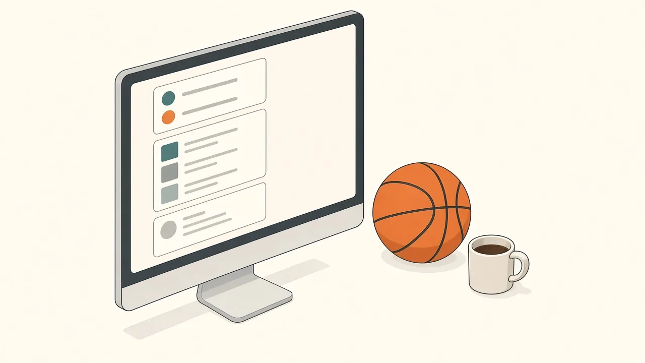 Isometric illustration of a Mac monitor with a floating panel of three widgets: a compact scoreboard card, a news feed list and a social post card, next to a basketball on the desk
