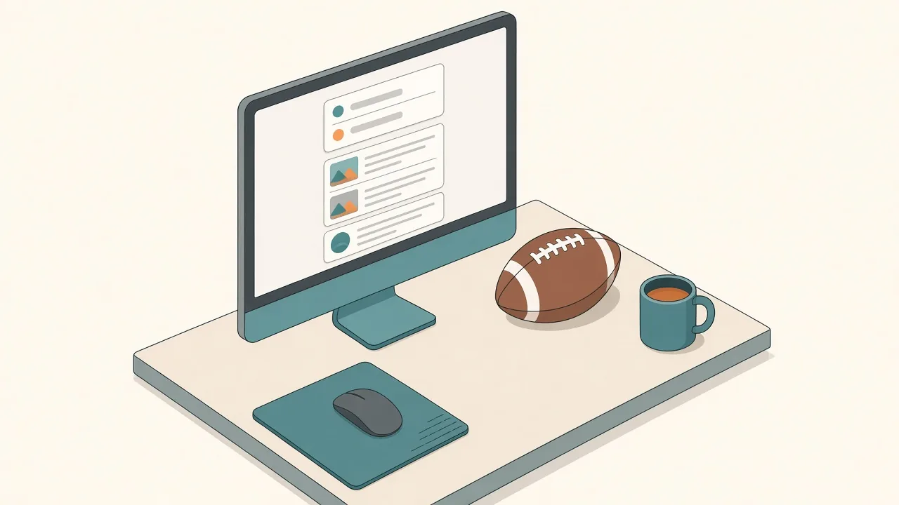 Isometric illustration of a Mac monitor with a floating panel of three widgets: a compact scoreboard card, a news feed list and a social post card, next to an American football on the desk