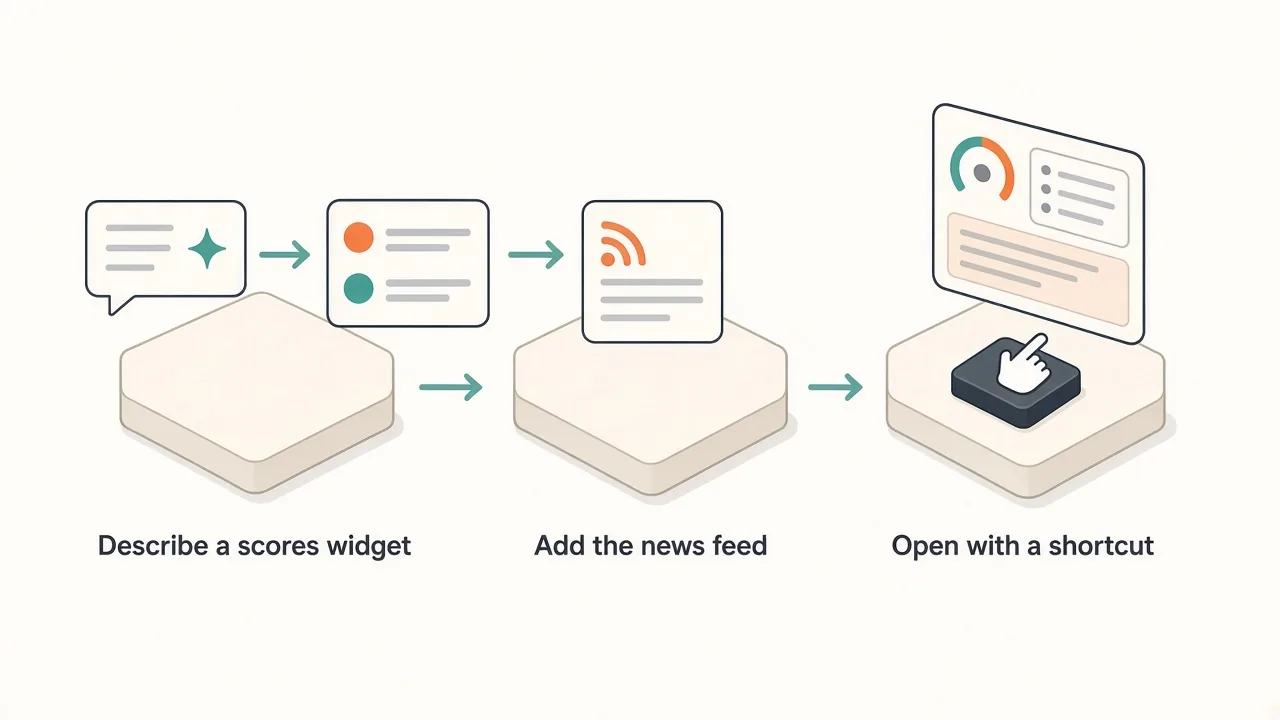 Three steps: describe a scores widget, add the news feed, open the panel with a shortcut