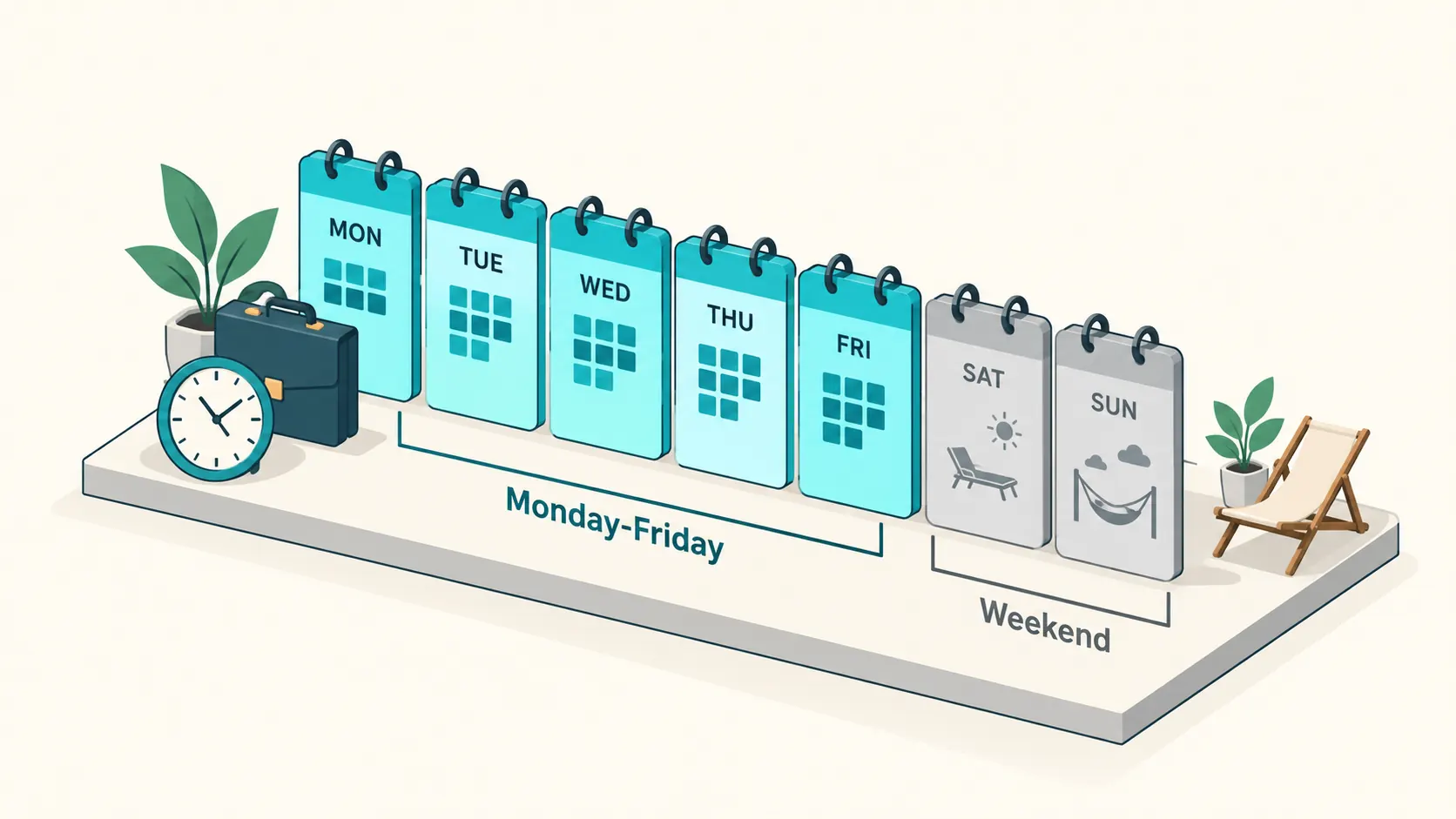 Isometric weekly planner illustration showing Monday through Friday highlighted in vibrant teal cyan for business days, with Saturday and Sunday muted in gray for weekends.