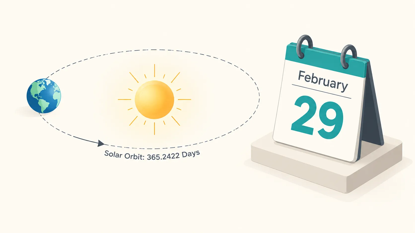 Isometric vector illustration showing Earth orbiting the Sun in 365.2422 days, synchronizing with an added leap day on February 29.