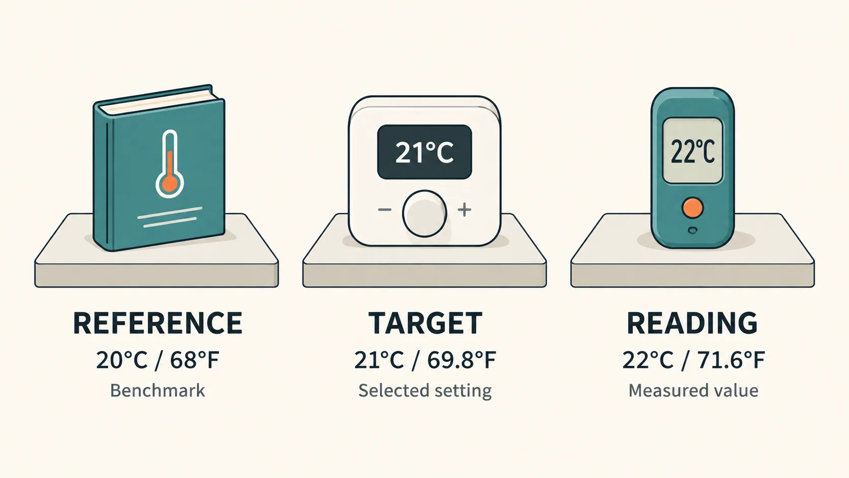 Three separate meanings: a reference of 20°C or 68°F, an example target setting of 21°C or 69.8°F, and an example measured reading of 22°C or 71.6°F.