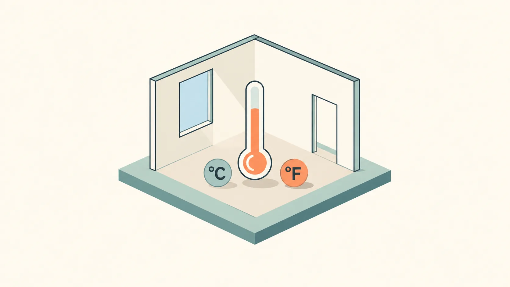 An isometric outline of a room containing a thermometer and Celsius and Fahrenheit unit symbols.