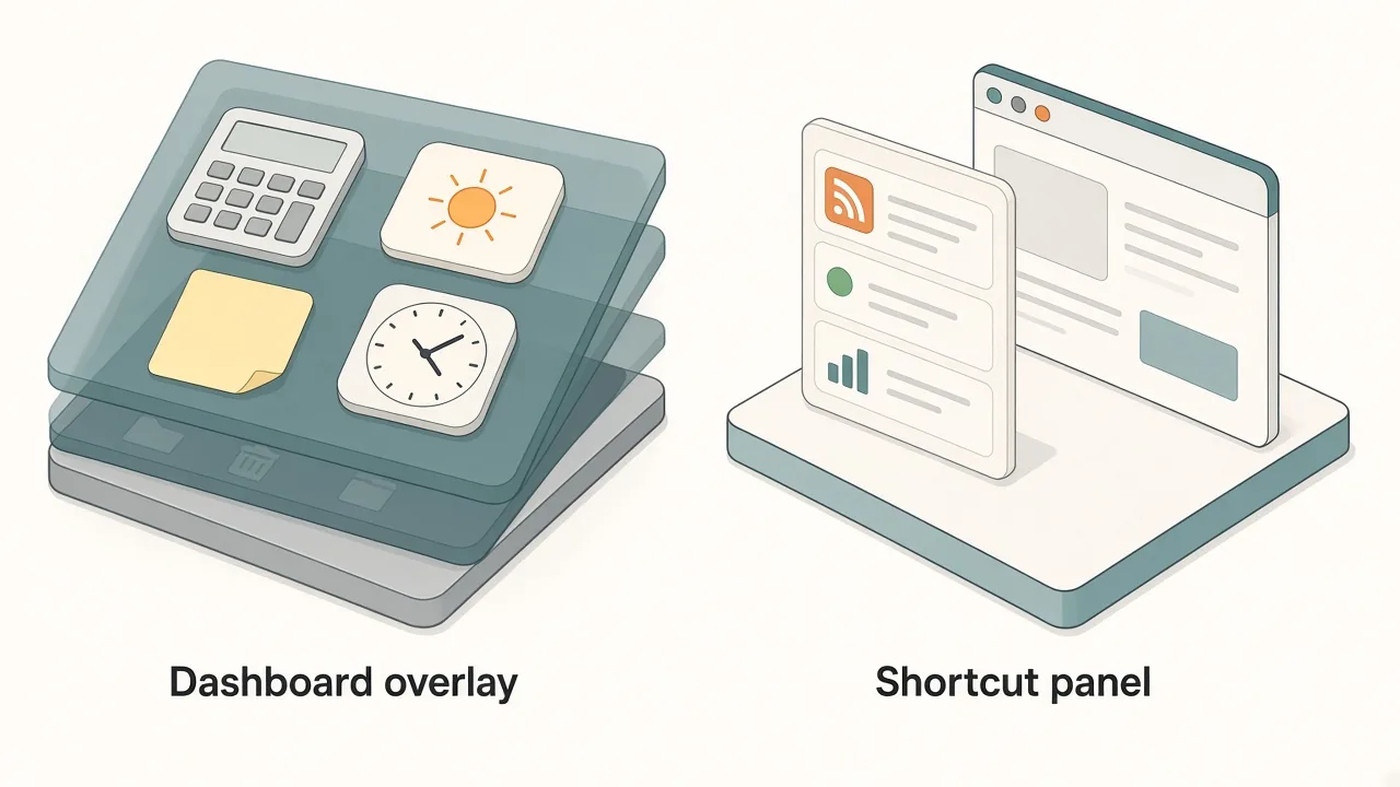 Comparison of the old Dashboard overlay with retro widgets versus a modern floating shortcut panel of web widgets