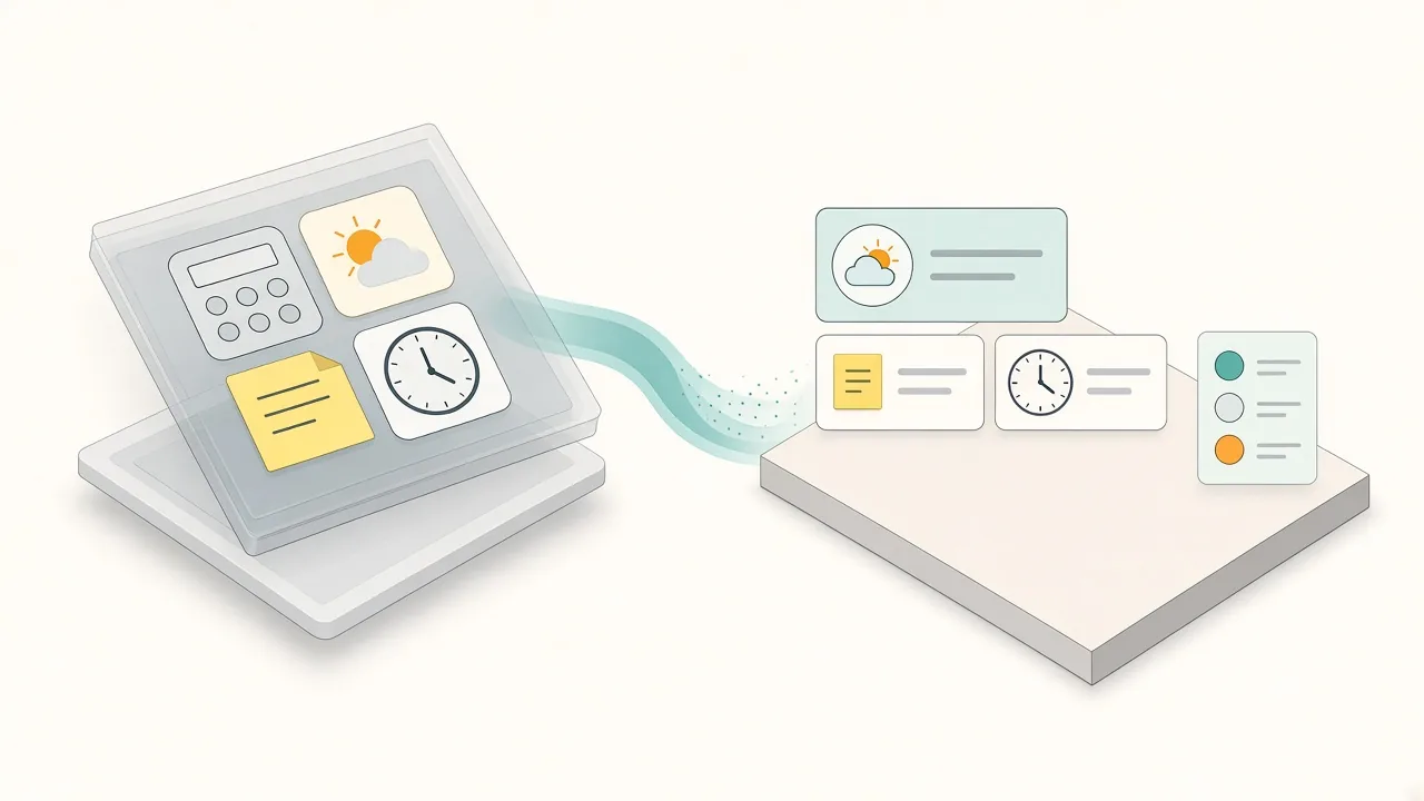 Isometric illustration of an old translucent Dashboard widget layer turning into modern desktop widgets and a floating panel